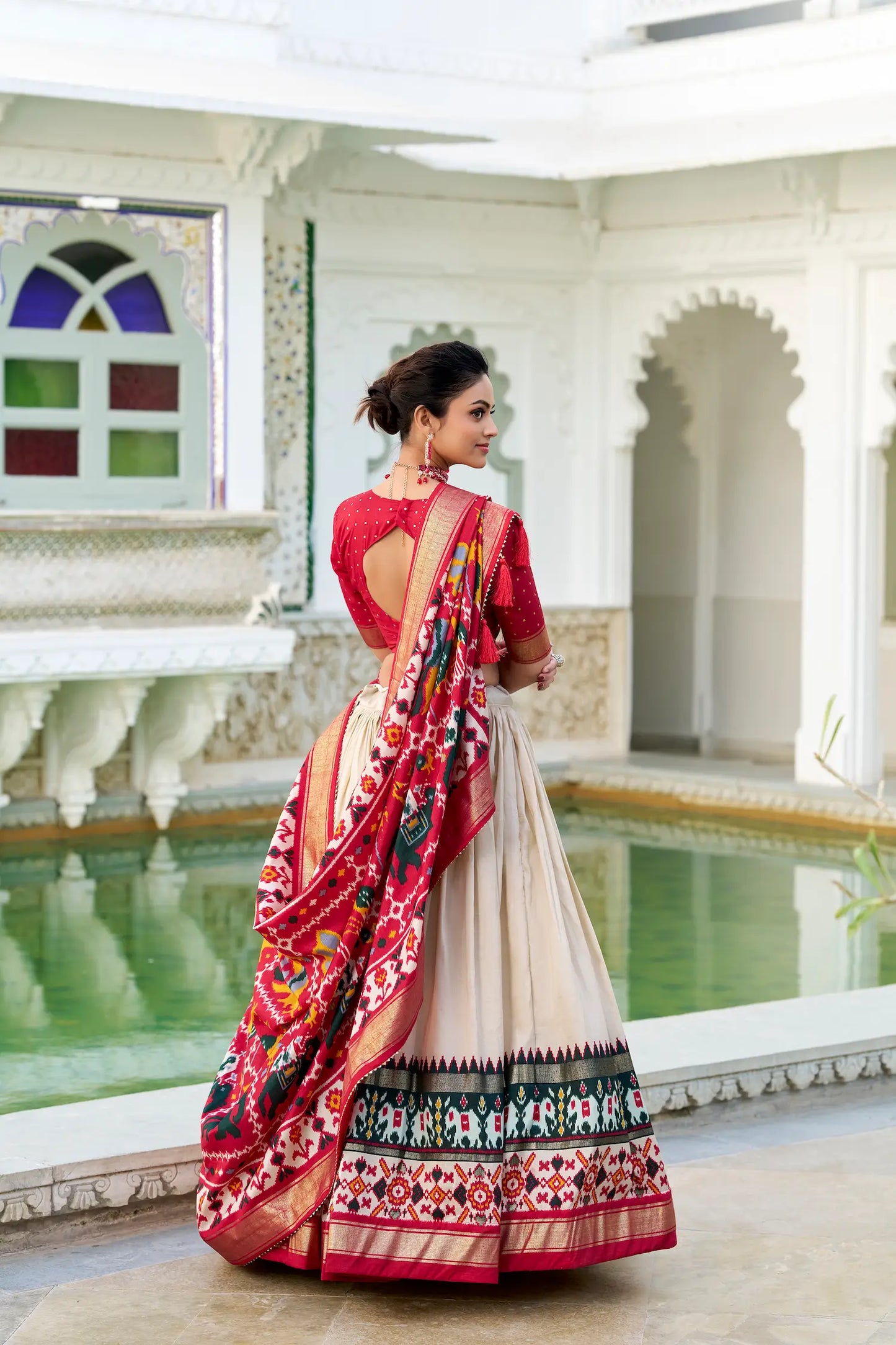 Beige Tussar Silk Lehenga Choli – Patola Print and Metallic Foil Work