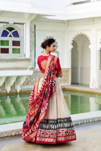 Beige Tussar Silk Lehenga Choli – Patola Print and Metallic Foil Work