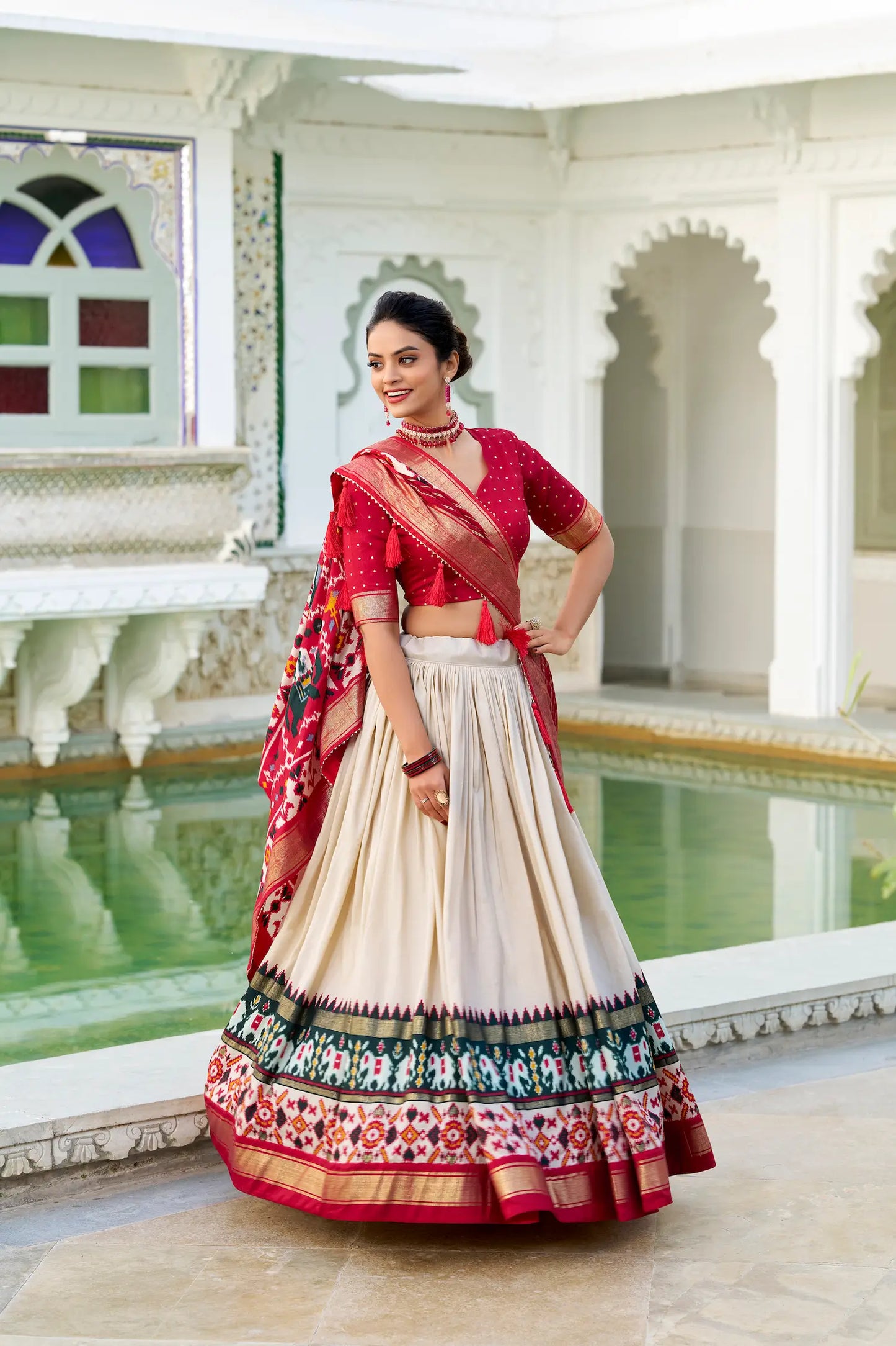 Beige Tussar Silk Lehenga Choli – Patola Print and Metallic Foil Work