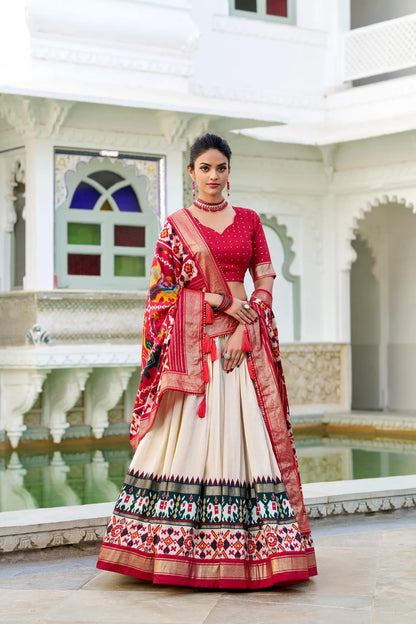 Beige Tussar Silk Lehenga Choli – Patola Print and Metallic Foil Work