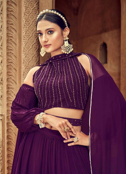 Ensemble Lehenga Rouge Grenat en Georgette avec Travail Main