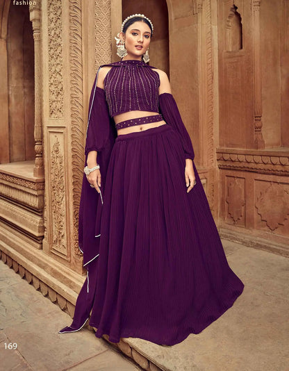 Ensemble Lehenga Rouge Grenat en Georgette avec Travail Main