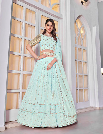 Lehenga Choli bleu ciel en georgette avec broderie fil et sequins