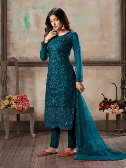 Salwar Kameez Bleu Sarcelle en Filet avec Broderie au Fil et Sequins