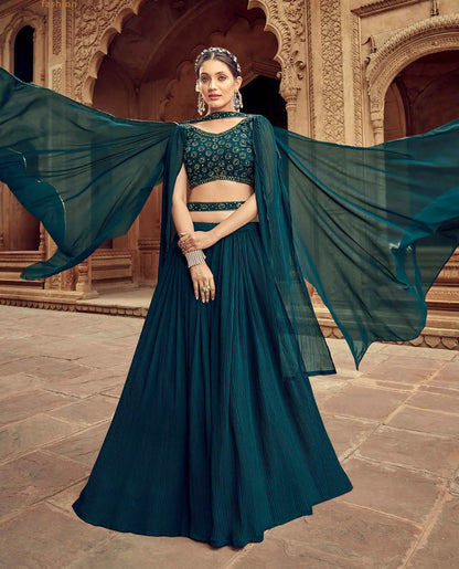 Ensemble Lehenga Bleu Vert en Georgette avec Travail Main