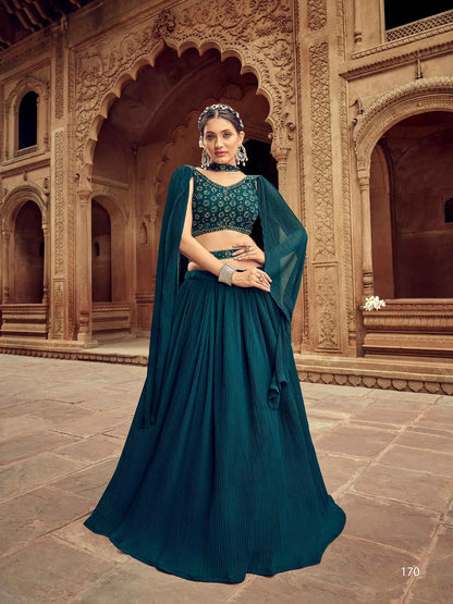 Ensemble Lehenga Bleu Vert en Georgette avec Travail Main