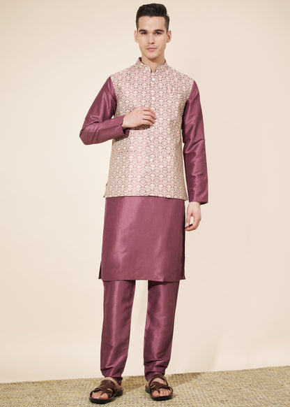 Ensemble Kurta tendance rose mauve avec Veste Koti mauve en jacquard COLLECTION AYAAN
