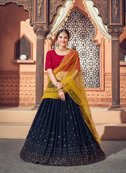 Lehenga Choli en Georgette Bleu Marine avec Broderie au Fil et Sequins