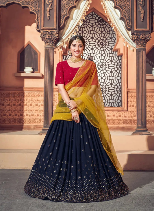Lehenga Choli en Georgette Bleu Marine avec Broderie au Fil et Sequins