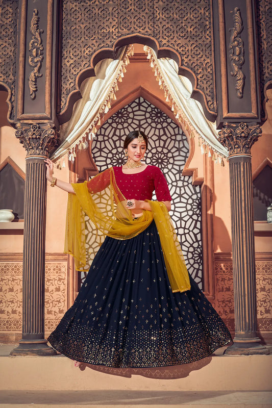 Lehenga Choli en Georgette Bleu Marine avec Broderie au Fil et Sequins