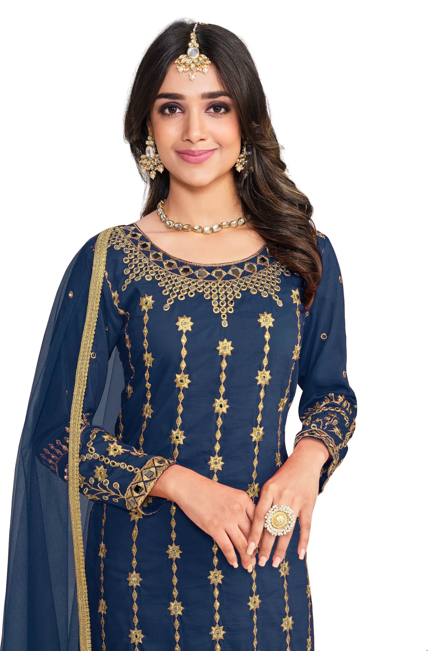 Salwar Suit Bleu marine en Soie Douce Bitalian avec Broderie & Travail de Miroir