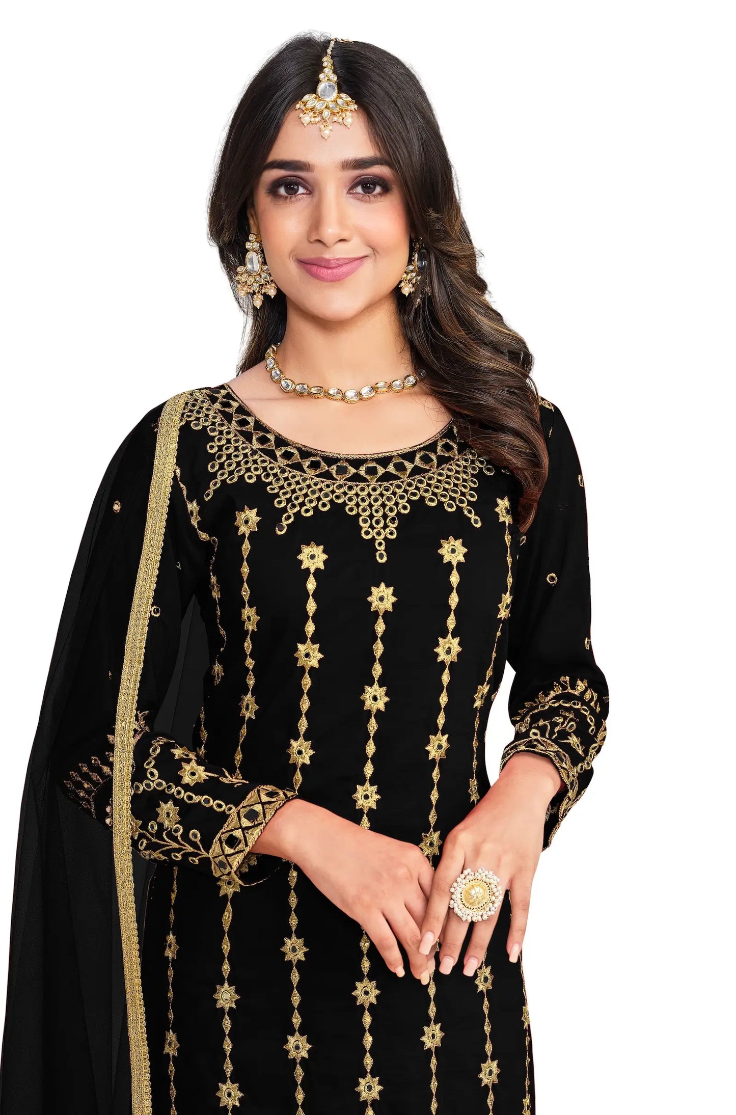 Salwar Suit Noir en Soie Douce Bitalian avec Broderie & Travail de Miroir