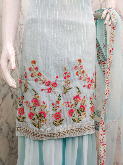 Ensemble salwar en georgette bleu ciel avec broderies à sequins – Élégance lumineuse et style traditionnel pour femme