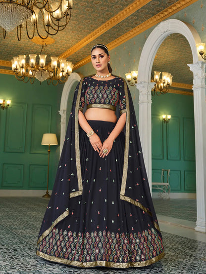 Ensemble Lehenga Choli bleu marine en Georgette avec broderie en sequins et fil