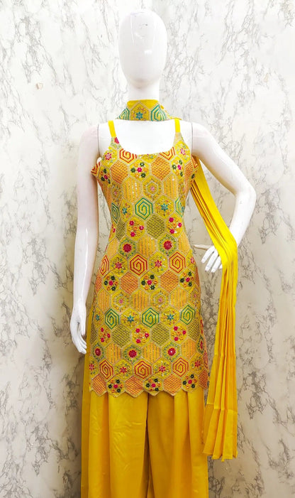 Ensemble Salwar Jaune en Chinon avec Broderie à Sequins