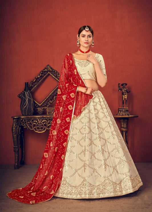 Lehenga Choli en Soie Art Beige avec Broderie au Fil et Sequins