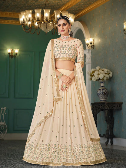 Ensemble Lehenga Choli beige en georgette avec broderie en fil et sequins
