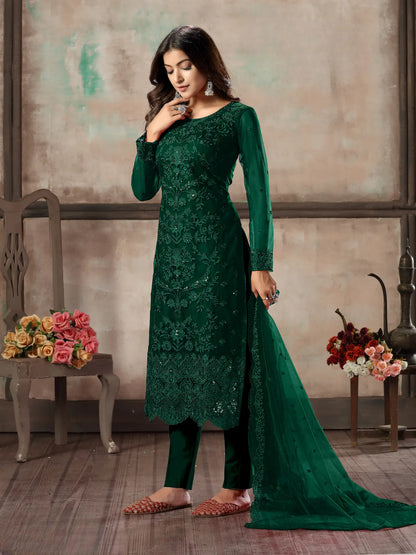 Ensemble salwar vert en filet avec broderie au fil et sequins