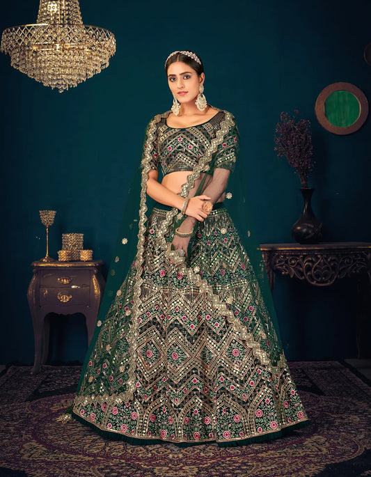 Lehenga Choli en Georgette Vert Foncé avec Broderie en Fil, Sequins et Gota Patti