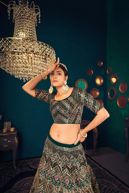 Lehenga Choli en Georgette Vert Foncé avec Broderie en Fil, Sequins et Gota Patti