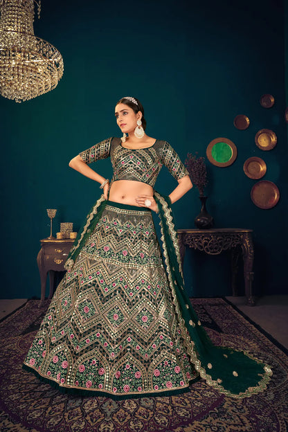Lehenga Choli en Georgette Vert Foncé avec Broderie en Fil, Sequins et Gota Patti