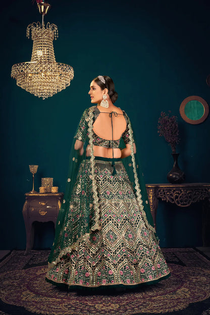 Lehenga Choli en Georgette Vert Foncé avec Broderie en Fil, Sequins et Gota Patti