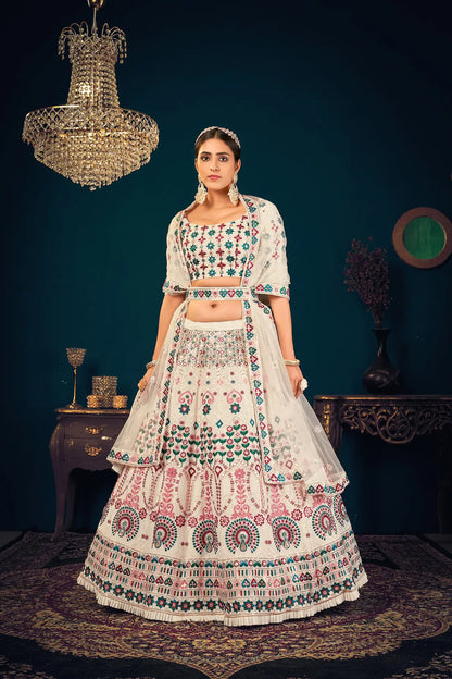 Lehenga Choli en Georgette Blanc Perle avec Broderie en Fil, Sequins et Gota Patti