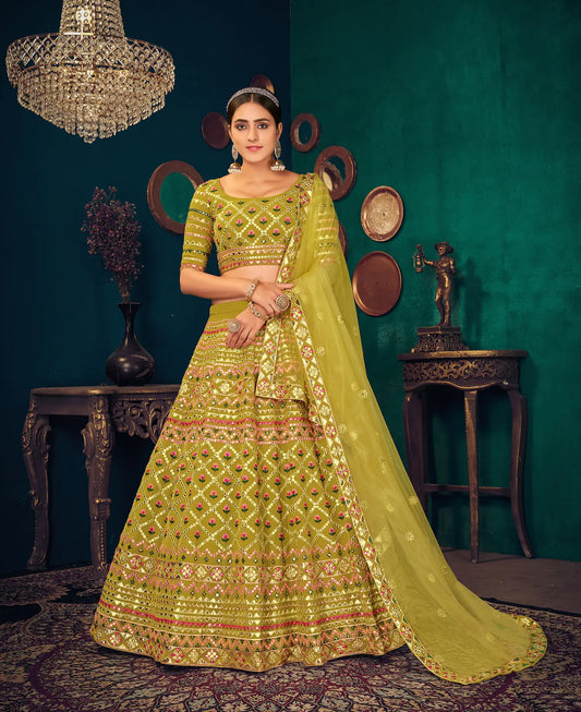 Lehenga Choli en Georgette Vert Citron avec Broderie Multi-Fil et Gota Patti