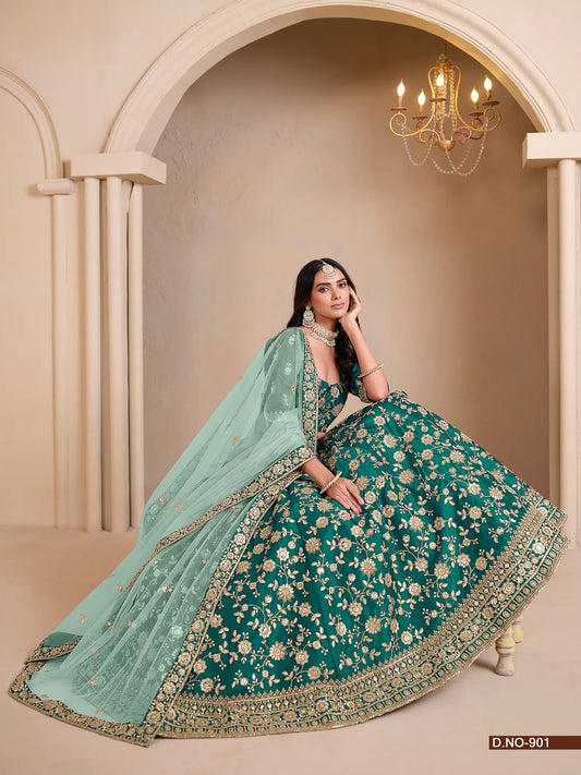 Designer Lehenga Choli aus seegrüner Kunstseide mit Fadenstickerei und Pailletten