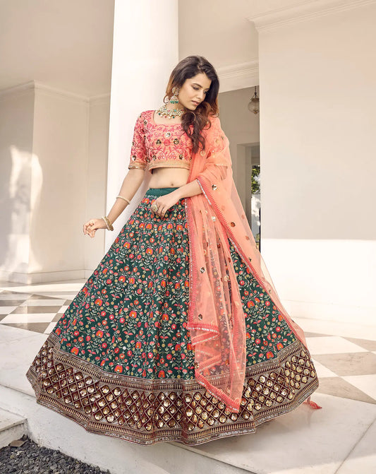 Lehenga Choli Vert et Rose en Soie Art Verte avec Broderie au Fil et Sequins COLLECTION KAYANI