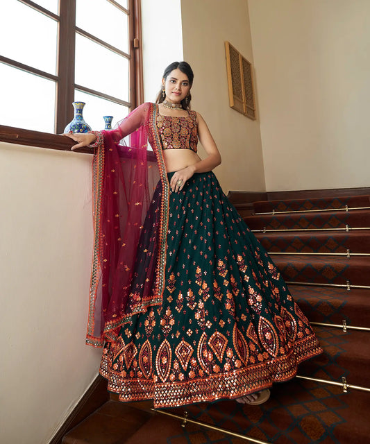 Ensemble Lehenga Vert Émeraude en Georgette avec Travail Gota Patti et Broderies Perlées