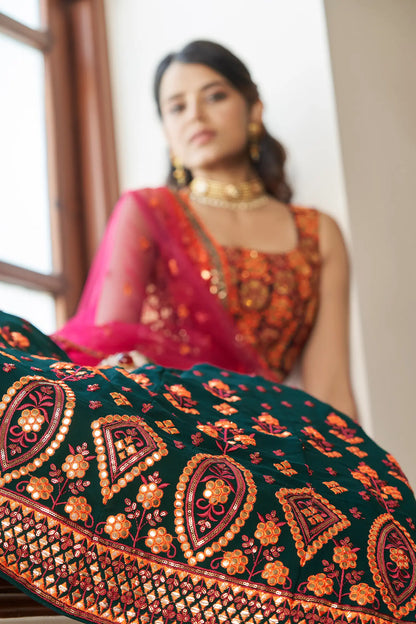 Ensemble Lehenga Vert Émeraude en Georgette avec Travail Gota Patti et Broderies Perlées