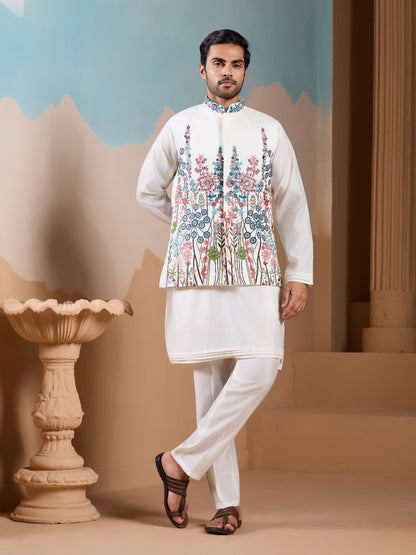 Ensemble Kurta Homme avec Veste Blanc et broderies de fleurs romantiques COLLECTION ARVIN