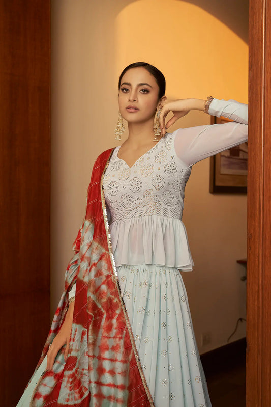Lehenga Choli en Georgette Bleu Ciel avec Travail Mukaish Embelli