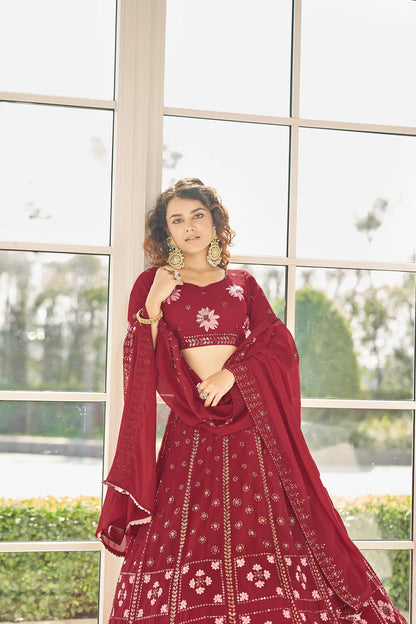 Lehenga Choli en Georgette Rouge avec Broderie en Fil et Sequins