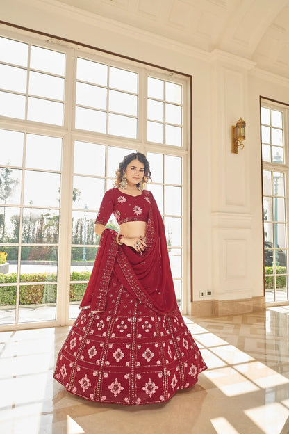 Lehenga Choli en Georgette Rouge avec Broderie en Fil et Sequins