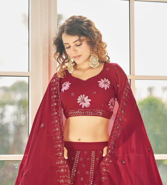 Lehenga Choli en Georgette Rouge avec Broderie en Fil et Sequins