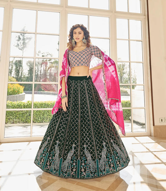 Lehenga Choli en Georgette Vert avec Broderie en Fil et Sequins