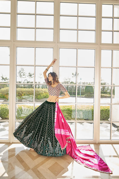 Lehenga Choli en Georgette Vert avec Broderie en Fil et Sequins