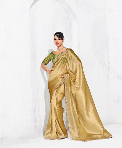 Sari jaune dusty glam organza fantaisie avec broderies COLLECTION LEYAA