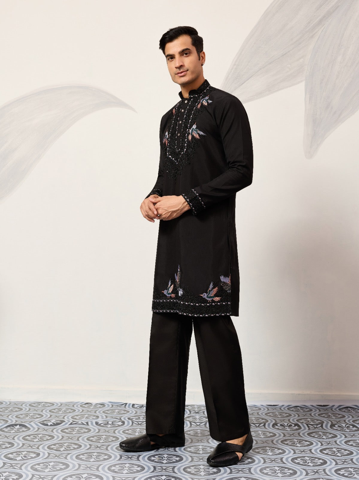 Sky blue kurta with mirror embroidery and dupatta