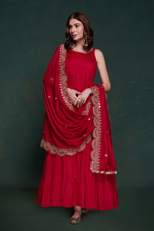 Red georgette maxi dress with elegant dupatta