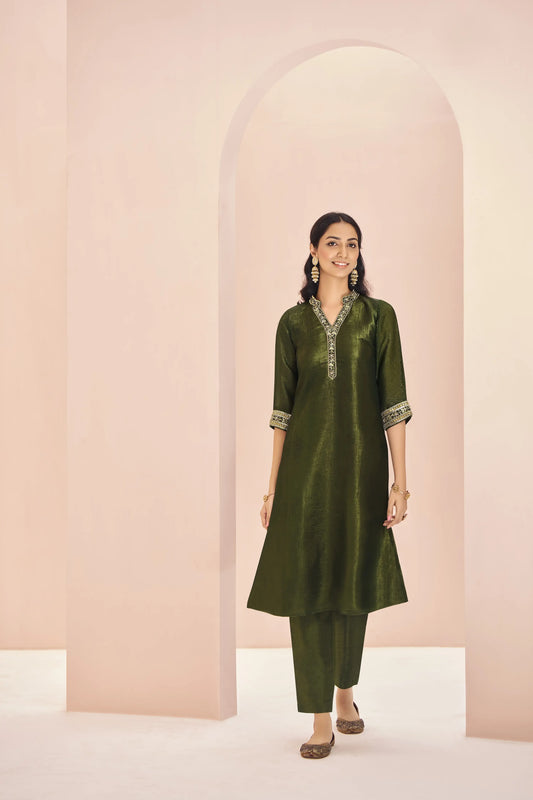 Salwar en Organza Vert Olive