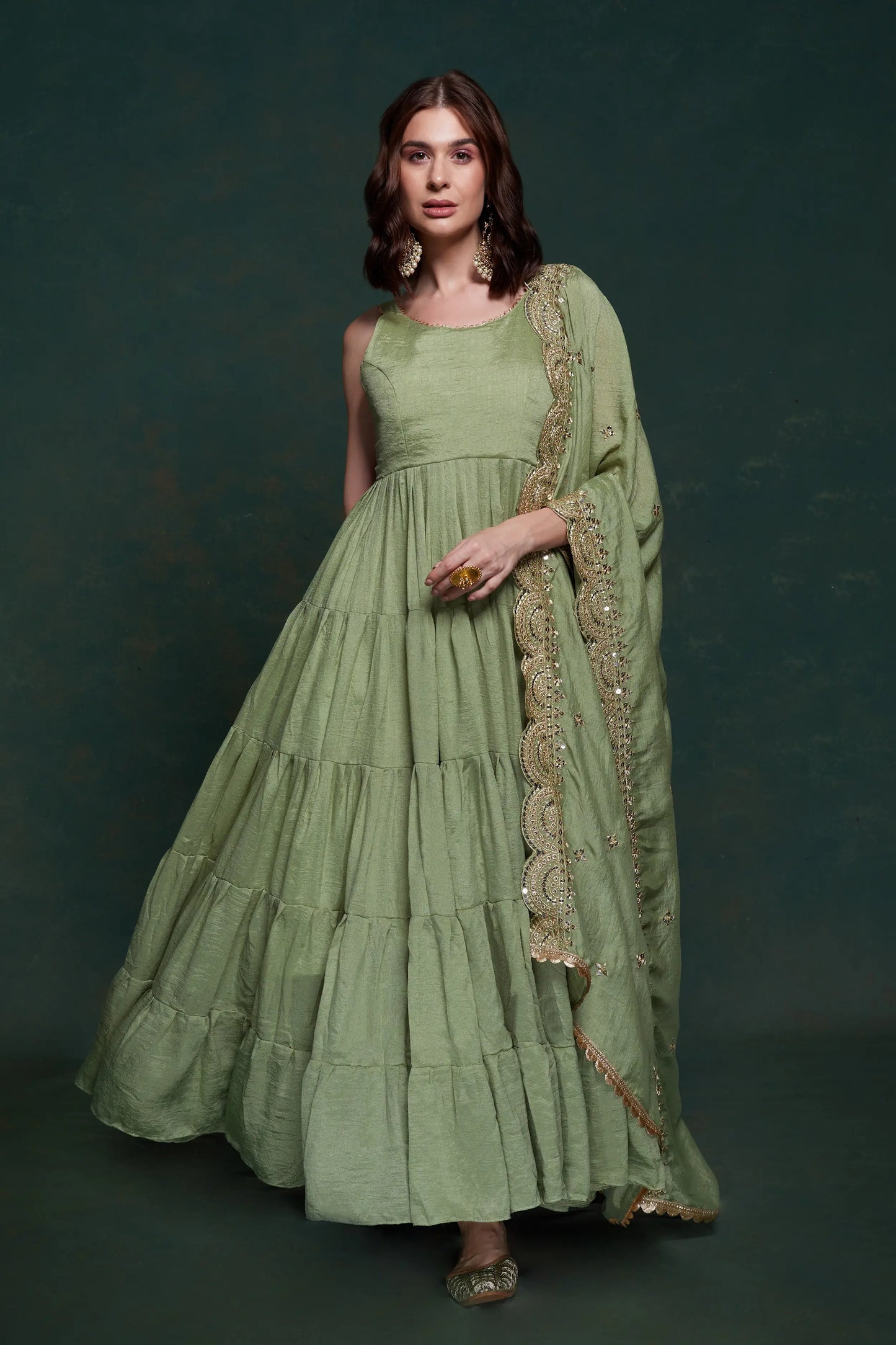 Pistachio georgette maxi dress with elegant dupatta
