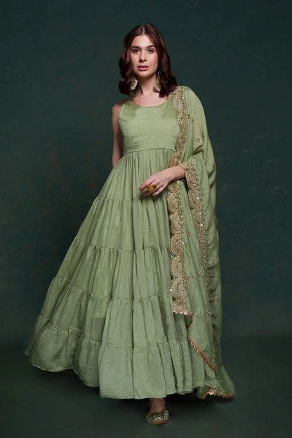 Pistachio georgette maxi dress with elegant dupatta