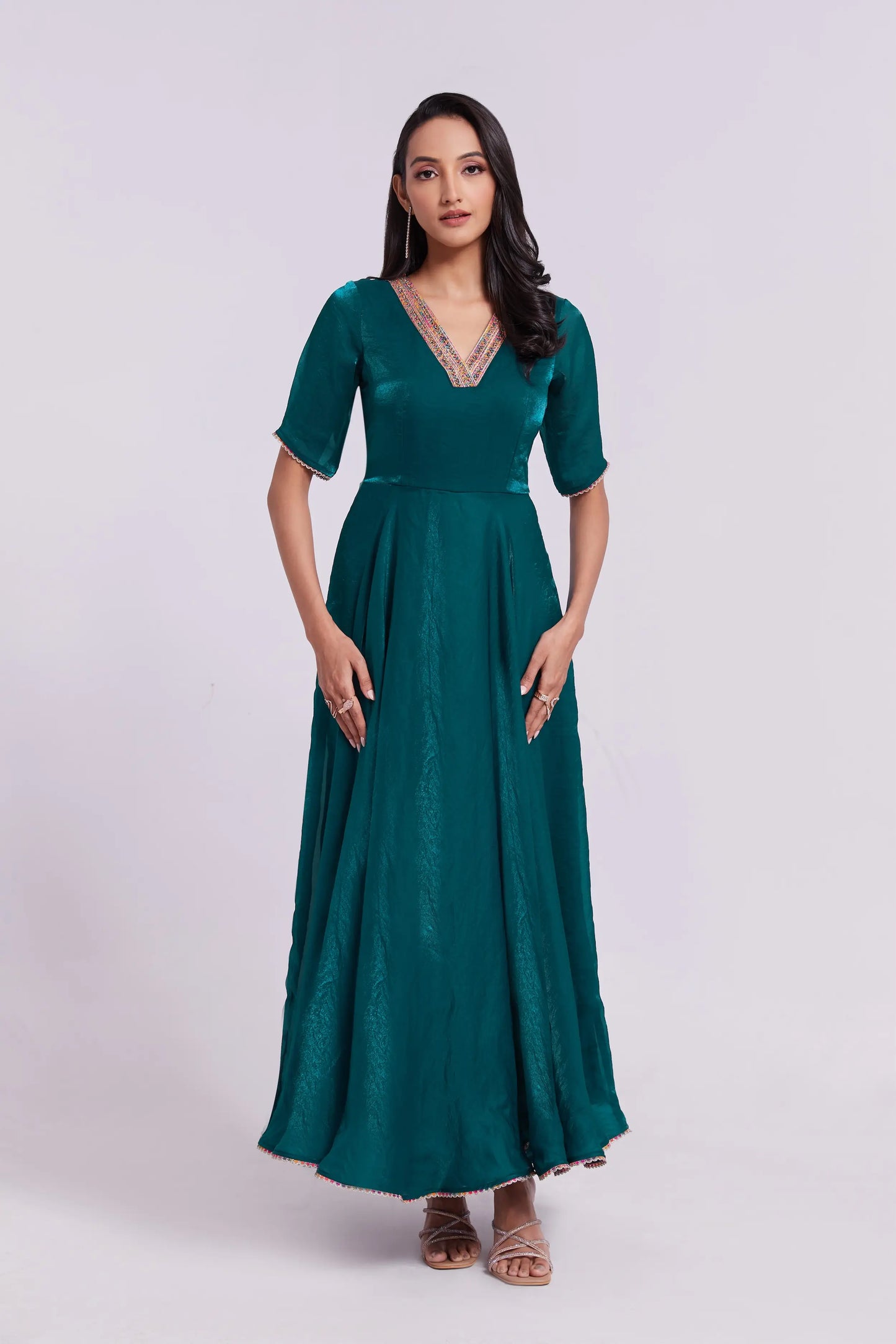 Peacock blue sheer organza long dress