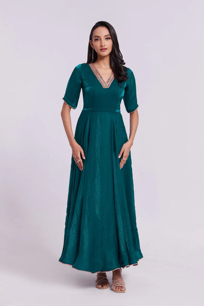 Peacock blue sheer organza long dress