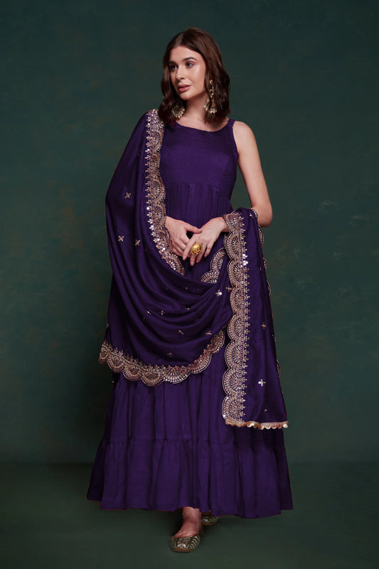 Purple silk dress with zari and sequin embroidery, accompanied by a dupatta