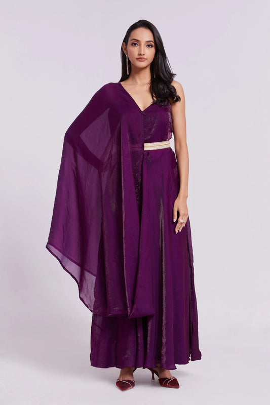 Dark Purple Organza Dress with Trendy Dupatta