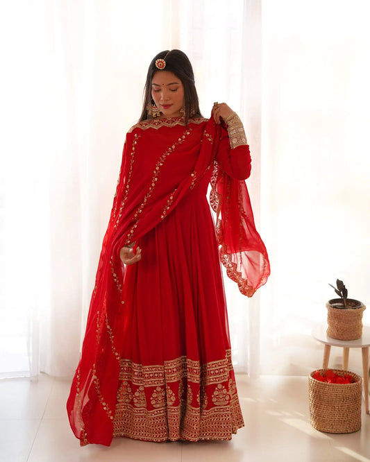 Red georgette dress with embroidery and dupatta